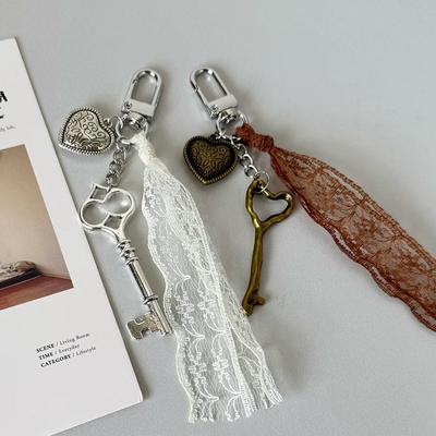 Ins Style Love Heart Key Подвеска с кружевной кисточкой брелок Y2K Vintage Keyring Bag Charm Универсальные сумки Подвесные украшения Брелки