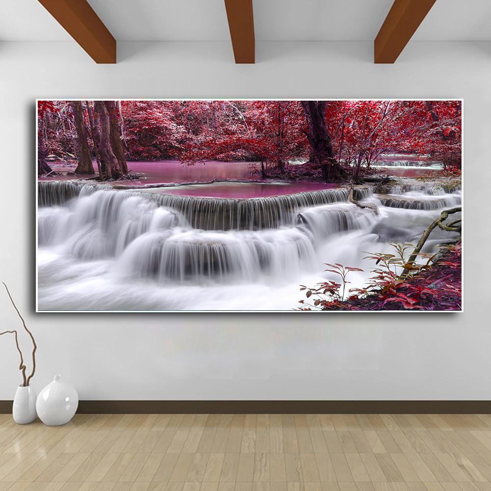 Природный пейзаж, водопад, настенные картины, холст, живопись, настенное искусство, зеленое, красное дерево, лес, постеры, принты для декора гостиной