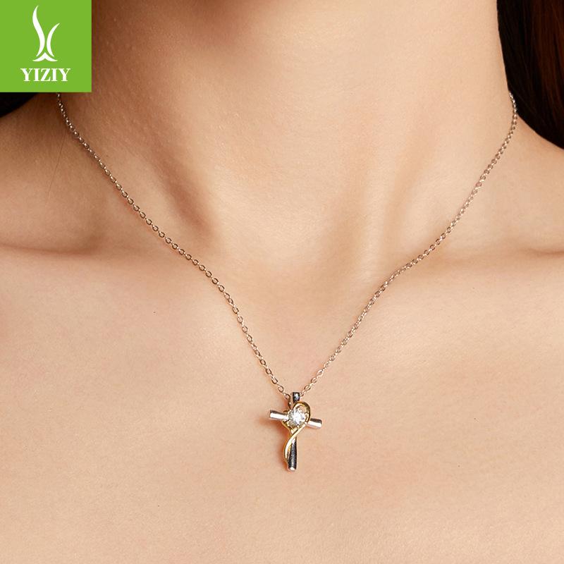 Mozambican Diamond Love Cross Necklace Clavicle Chain, Simple Classic S925 Sterling Silver Necklace