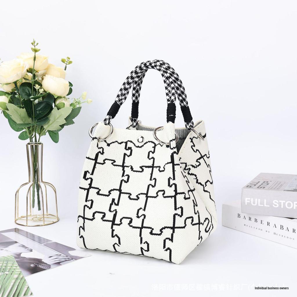Korean-Style Cute Handbag with Magnetic Buckle, Large Capacity, Casual Woven Knit Bucket Bag for Work and Commute