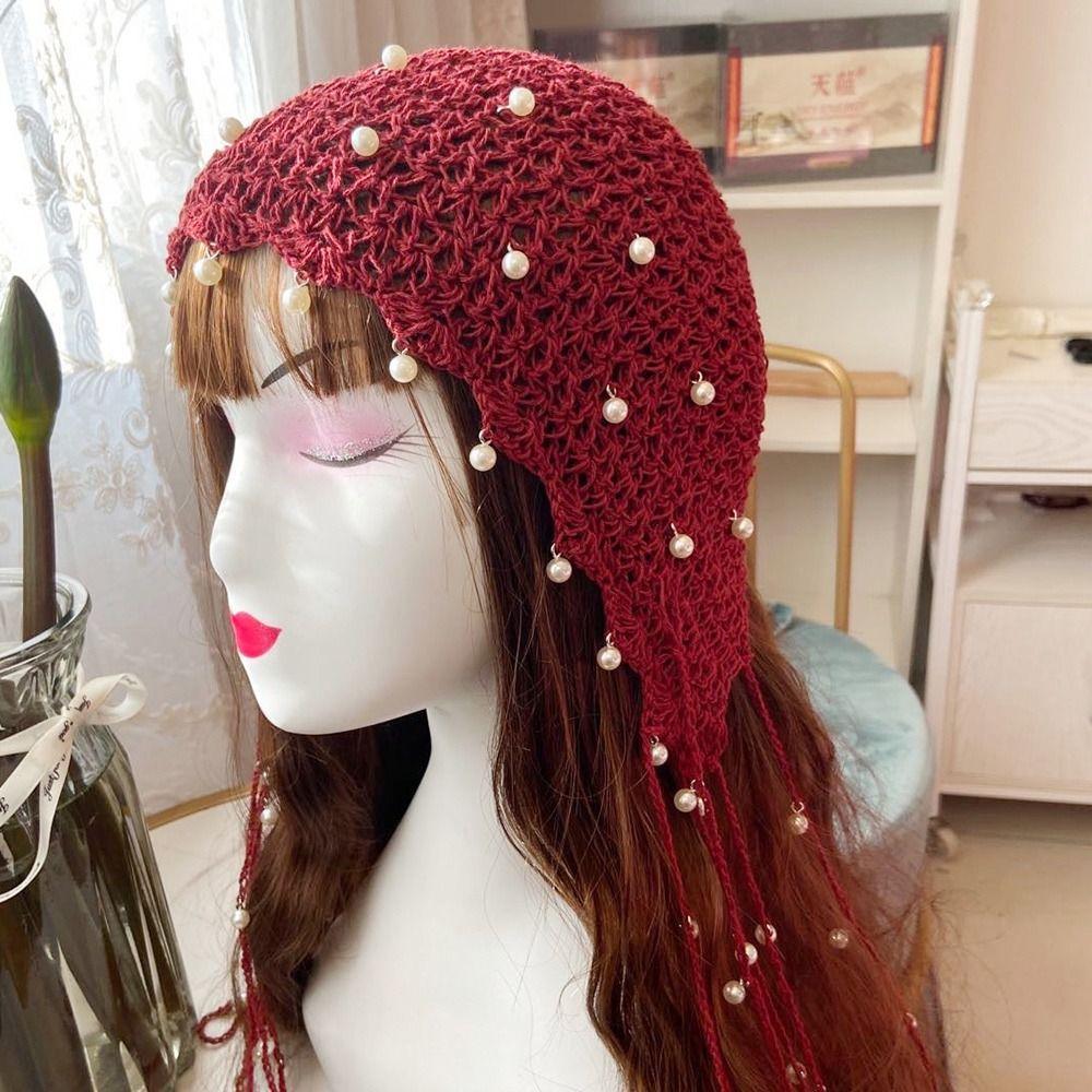 Ethnic Bun Hats Pearl Headscarf Hats Sweet Tassels Hats Travel
