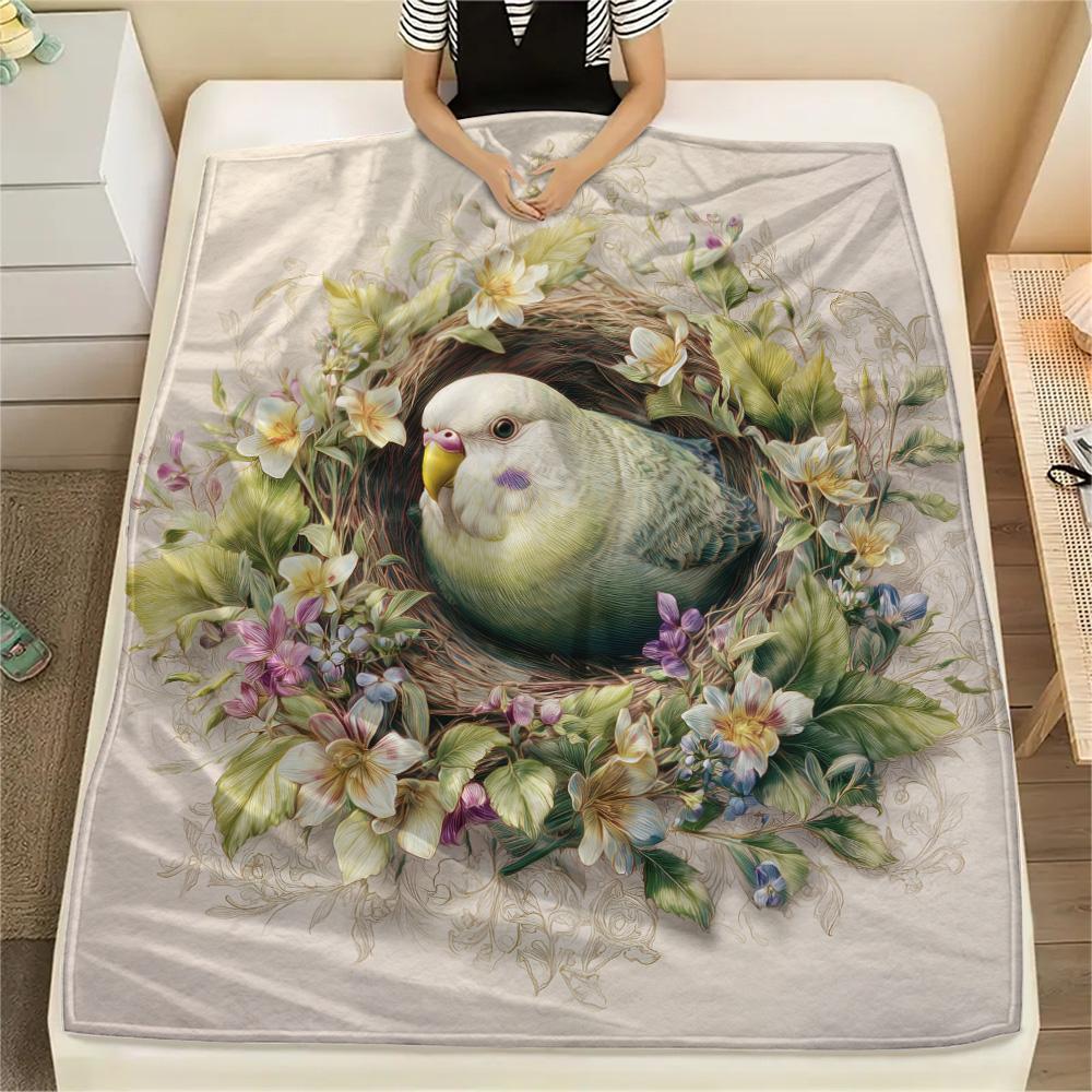 Flower Budgerigar Print Flannel Blanket, High quality Comfortable for All Seasons, Home Decor, Warmth and Comfort