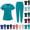 Women's Short Sleeved Solid Color V Neck Pocket Top Pants Work Clothes Two Piece Set