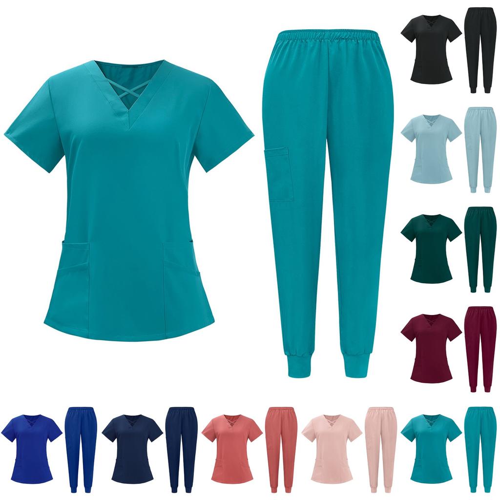 Women's Short Sleeved Solid Color V Neck Pocket Top Pants Work Clothes Two Piece Set