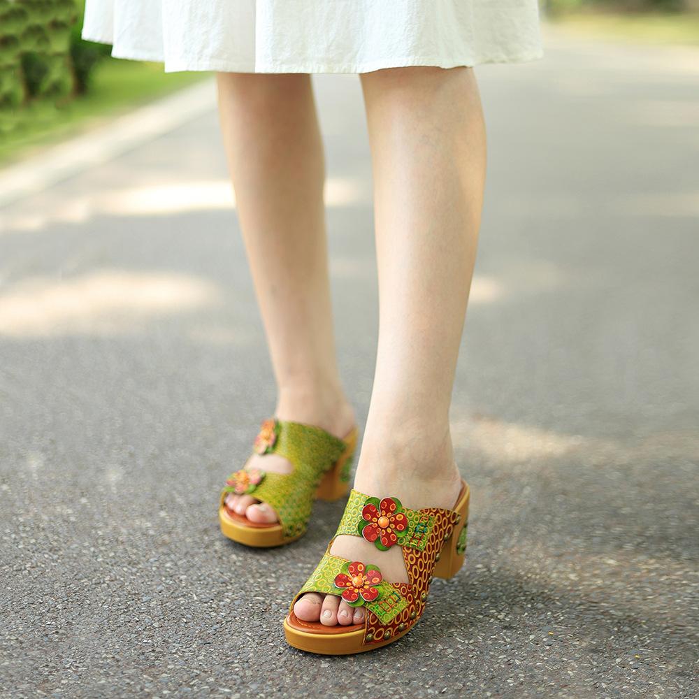 Johnature Тапочки в стиле ретро из натуральной кожи, расписанные вручную, летние шлепанцы с цветочным рисунком, женская обувь, босоножки на высоком каблуке