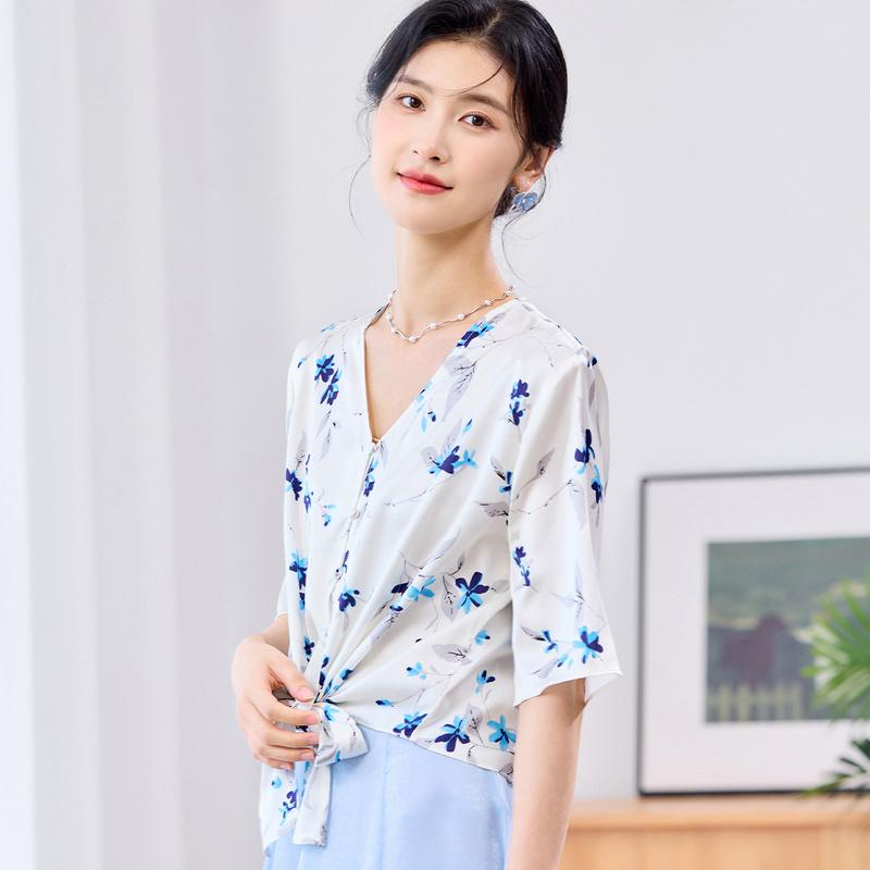 Mulberry Silk Elastic Satin V-neck Hem Knotted Temperament Women's Shirt