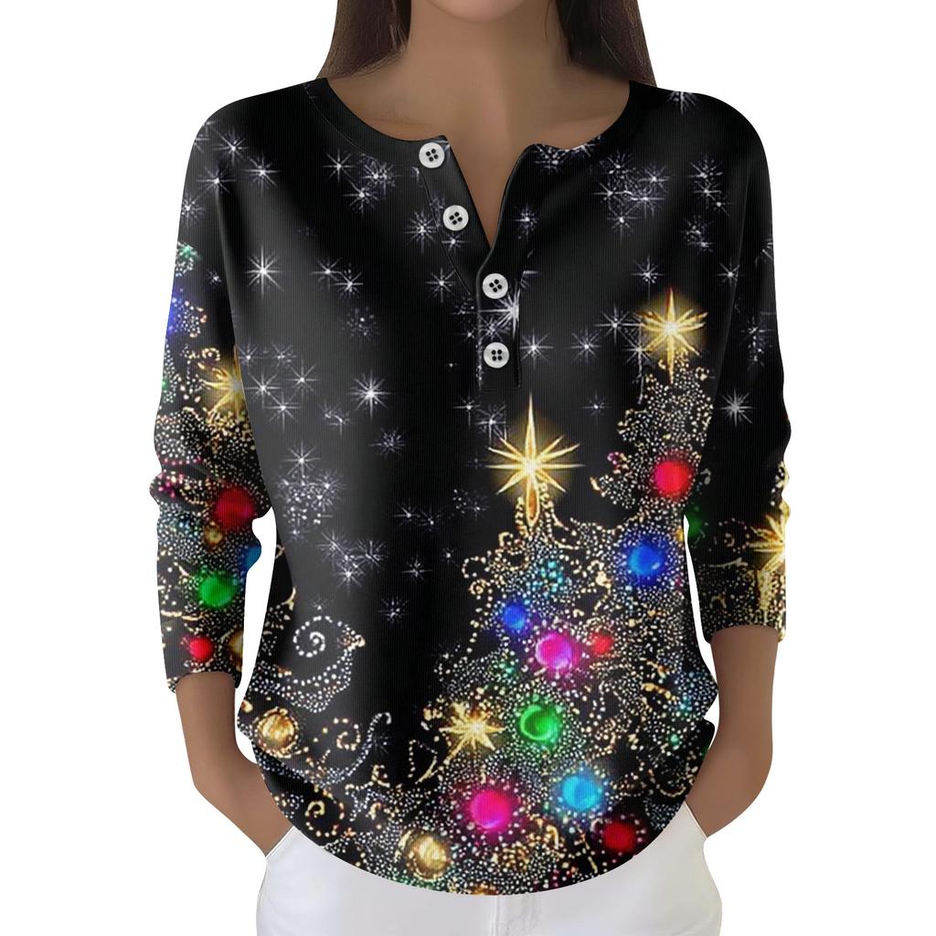 Women's Fashion Long Sleeve Christmas Snowflake Print Top Elegant Casual Top