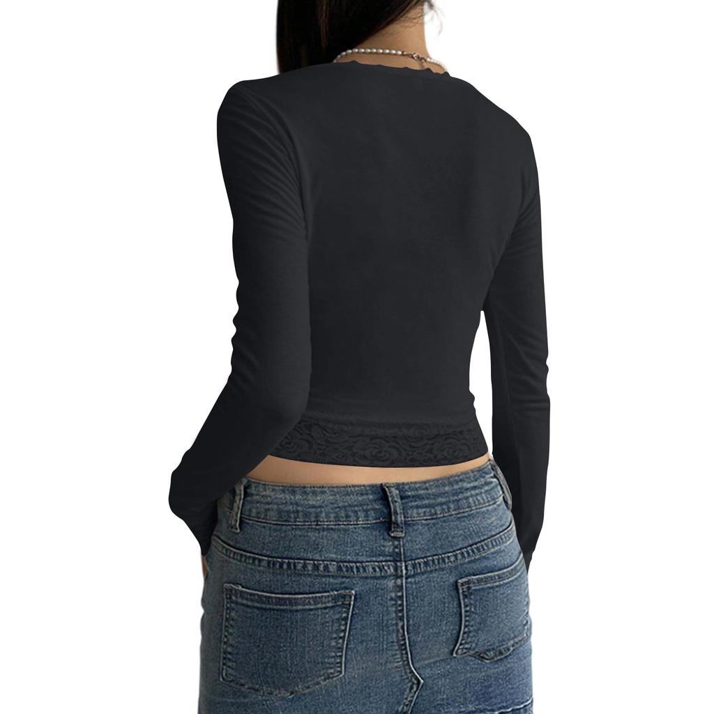 Women's Cotton Long Sleeve Lace Patchwork Navel-Exposed Square Neck T-Shirt