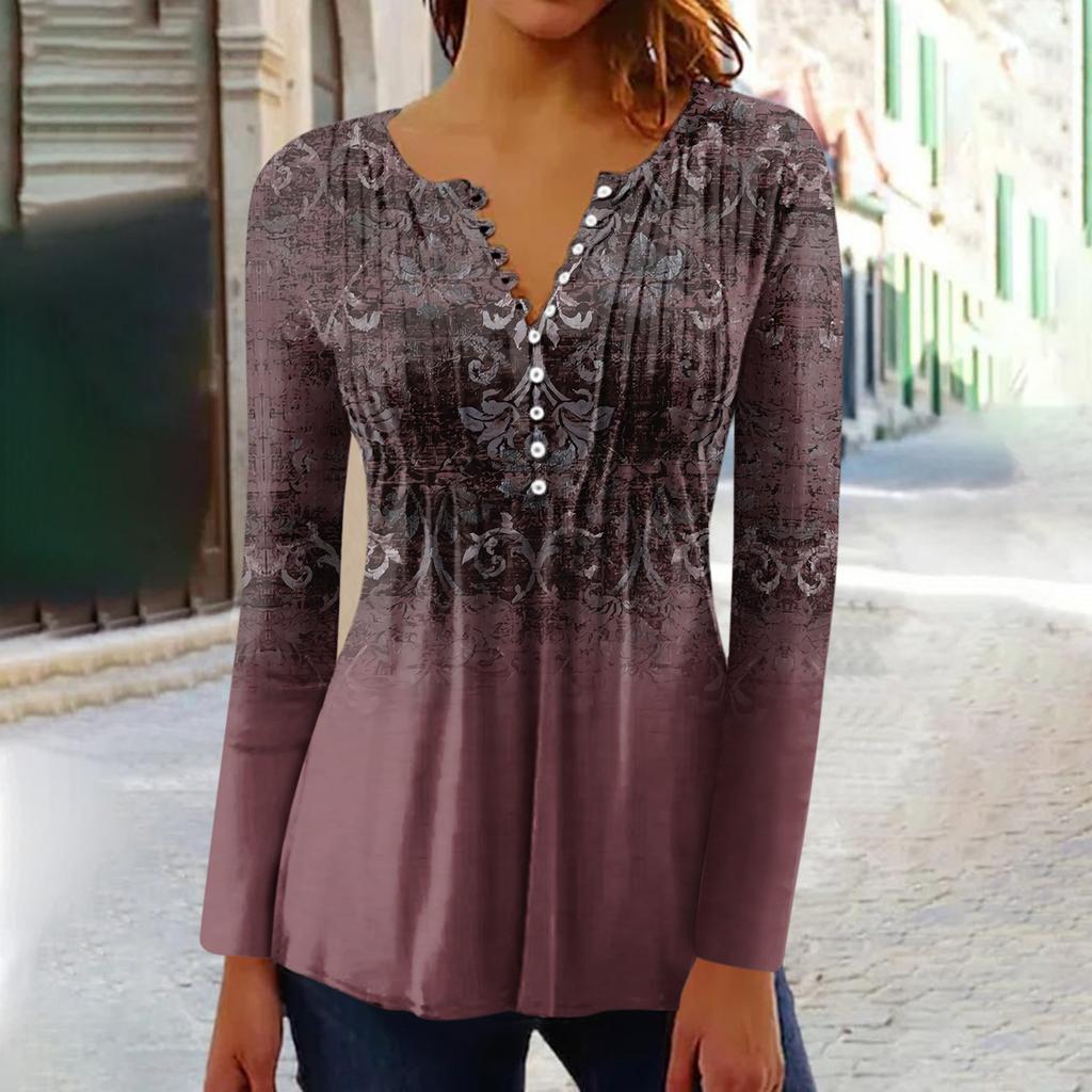Women's Printed Button Collar Pleated Printed Long Sleeves Holiday Basics Tunic Slim Tops Printed Ethnic Tops T-Shirts V Neck Pullover Tops Pullovers
