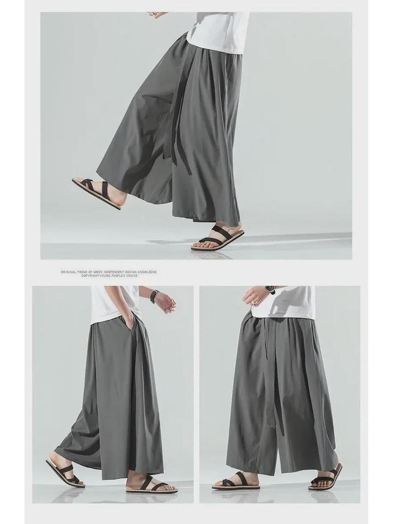 Мужские летние брюки-ханьфу из ледяного шелка с широкими штанинами в стиле ретро: Свободный, прямой, большой размер