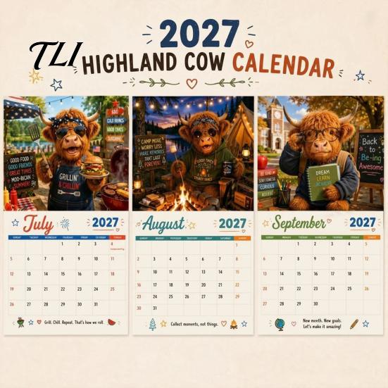 Academic Wall Calendar 2027 Funny Highland Cow Calendar, Cute Farm Animal 12 Month Functional Bedroom Decor Scottish Hanging Planner for Rustic
