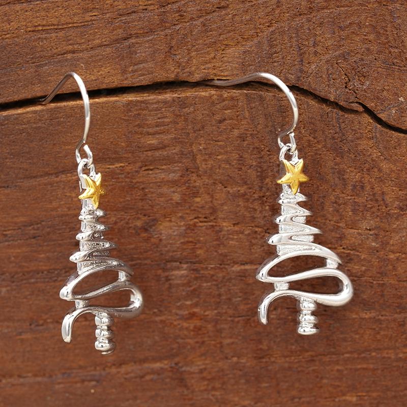 1Pair Simple Stylish Christmas Tree Shaped Hanging Earrings For Women Metal Style Yellow Star Exquisite Female Party Jewelry