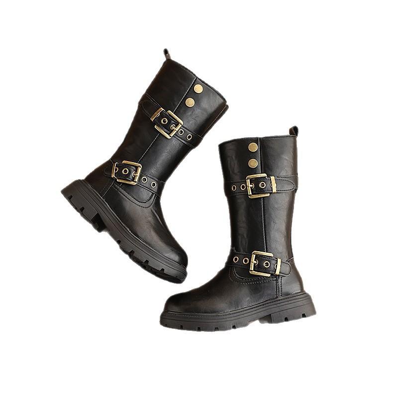 Girls Winter Chunky Sole Riding Boots With Double Buckles British Style Mid-Calf Warm Lined Faux Leather
