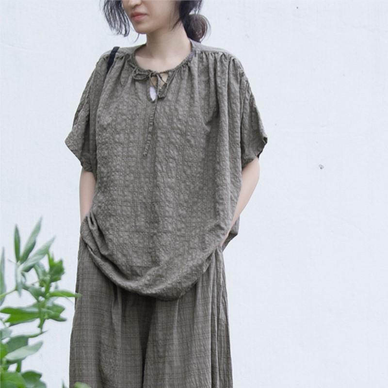 Johnature Women Cotton Linen Summer T-Shirts Plaid O-Neck Short Sleeve Tees Loose Women Clothes T-Shirts