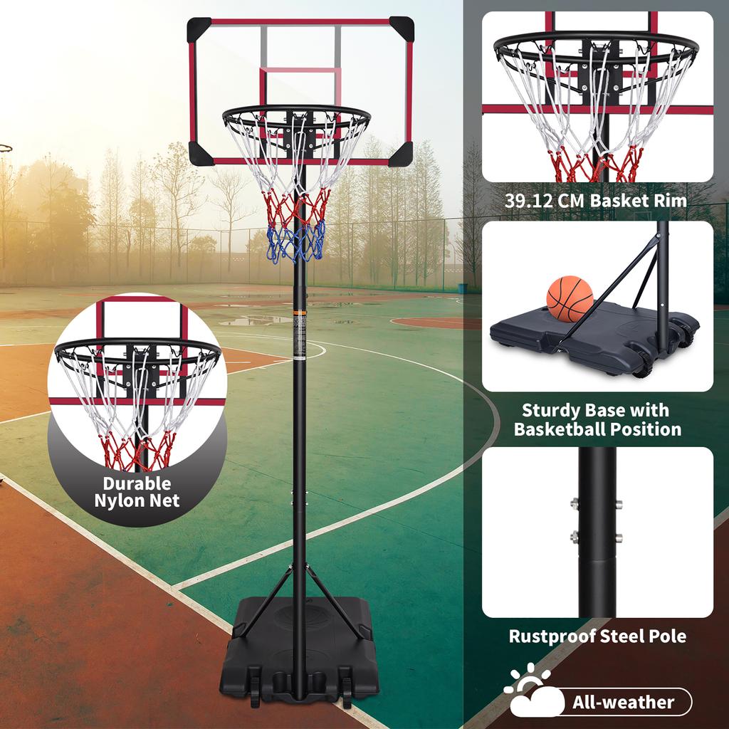 Portable basketball hoop, height-adjustable from 170-213cm, wheeled, red silk-screen design, suitable for indoor/outdoor use, for youth/ adults