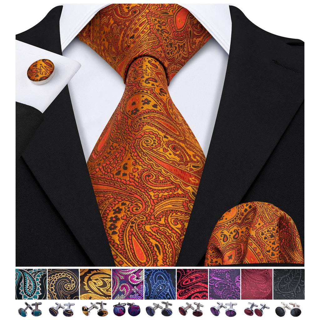 Barry.Wang Classic Tie for Men Woven Silk Striped Neckties Handkerchief Set Cufflinks Formal Casual