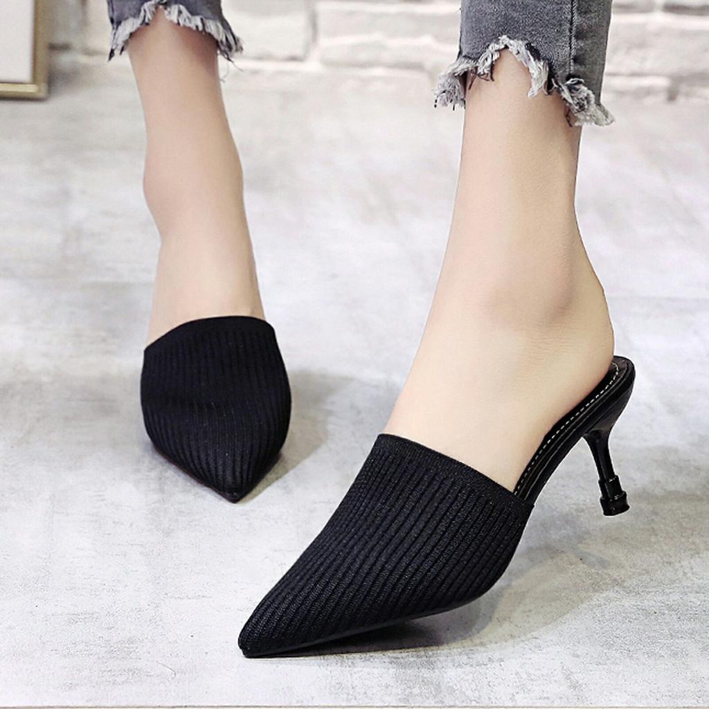 Sagit Женские тапочки на высоком каблуке Летние вязаные эластичные ткани с открытым носком Толстые сандалии