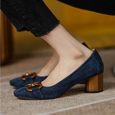 Туфли в стиле ретро с квадратным носком и неглубоким носком. Женская новая весенняя женская обувь. Французские туфли на высоком каблуке Horsebit. Женские туфли на толстом каблуке.