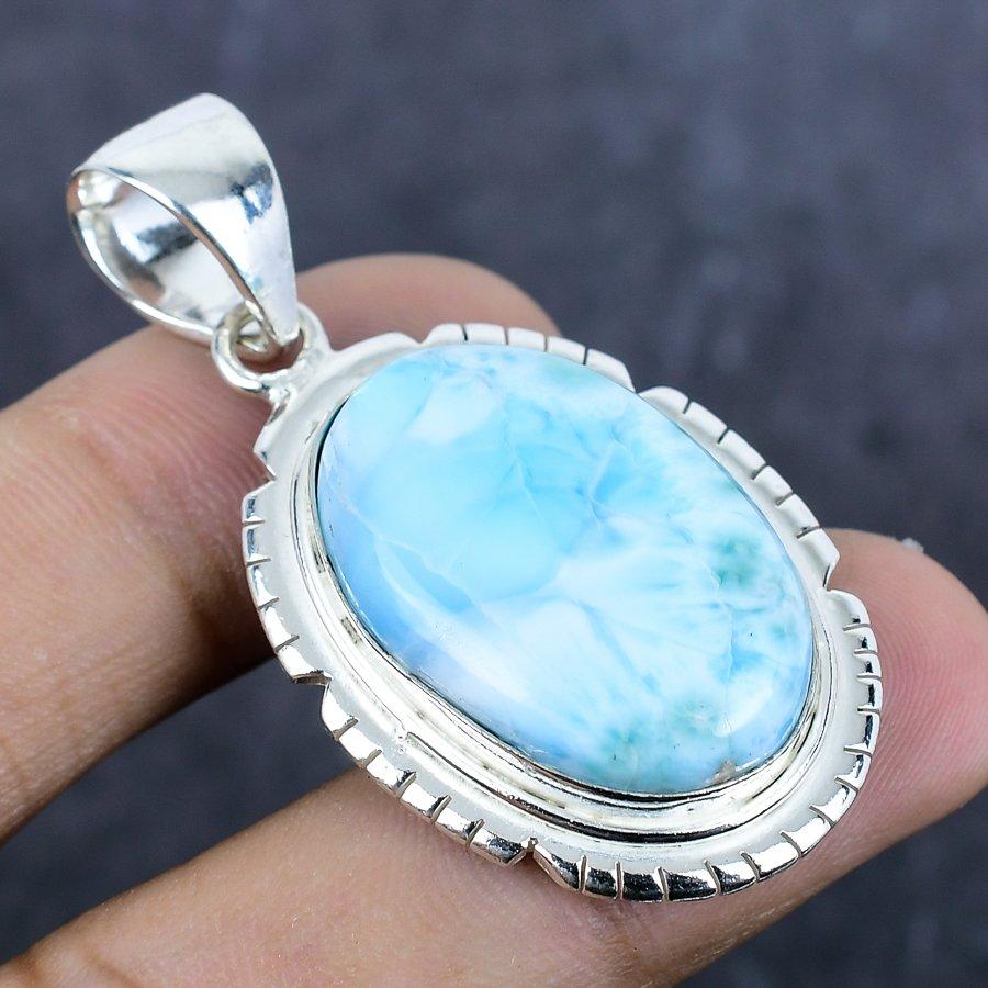 Larimar Gemstone 925 Sterling Silver Jewelry Pendant 1.97"