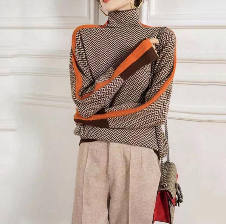 Женский ретро-кашемировый свитер — свободный крой, высокий ворот, контрастный цвет, осень/зима