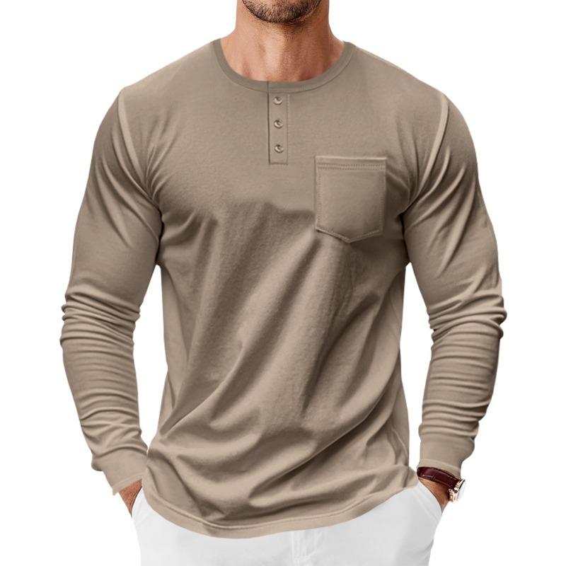 Мужская рубашка-henley с длинным рукавом Свободная футболка с карманом для весны и осени