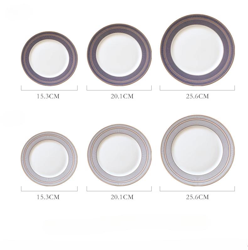 Fine Bone China Dinner Plates Sets, Light Luxury Tableware Stripe Pattern Gilt Edged Porcelain Dinnerware Round Set of 6