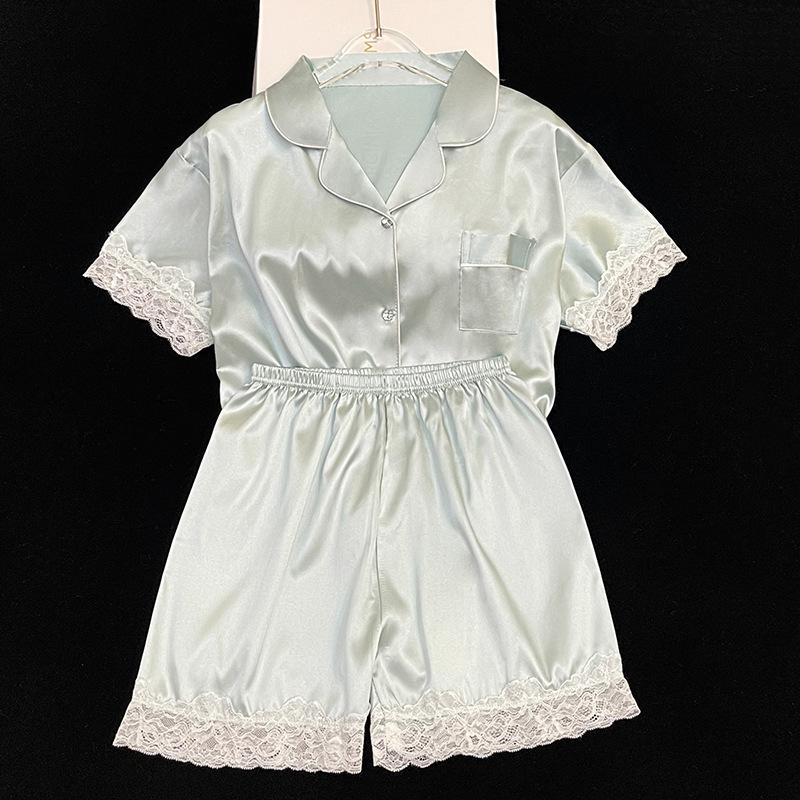 Solid Color Ice Silk Pajamas Women'S Summer Thin Foreign Style High-Value Short-Sleeved Loungewear Two-Piece Set Can Be Worn Outside
