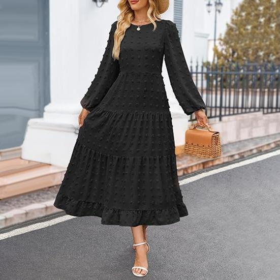 Платье для женщин осень-зима с длинными рукавами-фонариками, А-силуэтом, круглым вырезом, большим подолом, аппликацией в горошек, плиссированное, однотонное, для свиданий, поездок на работу, миди-платье