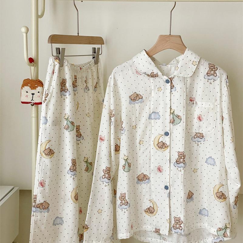 11 pajamas loungewear small lapel women's ins wind simple pure cotton double-layer yarn breathable loungewear polka dot bear