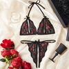 Lip Print Halter Lace Contrast Exotic Set For Women Open Chest Bra And Thongs Sets Crotchless Underwear Cute Sexy Lingerie