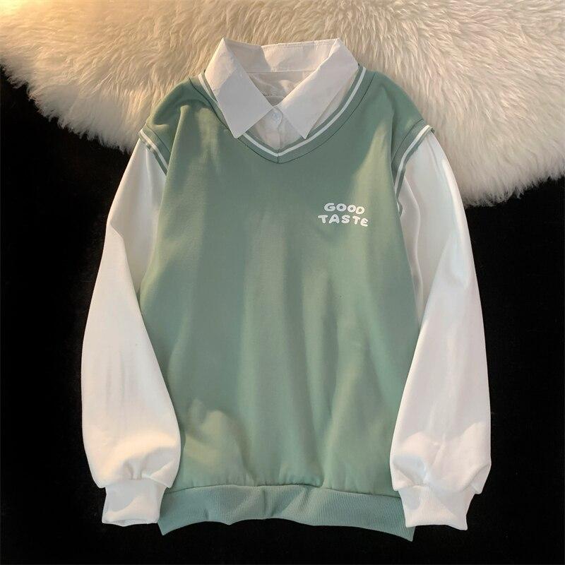 Harajuku лоскутные толстовки с буквенным принтом, женская одежда, осенне-зимняя флисовая толстовка в консервативном стиле, с длинным рукавом, черно-белая, зеленая, негабаритная толстовка