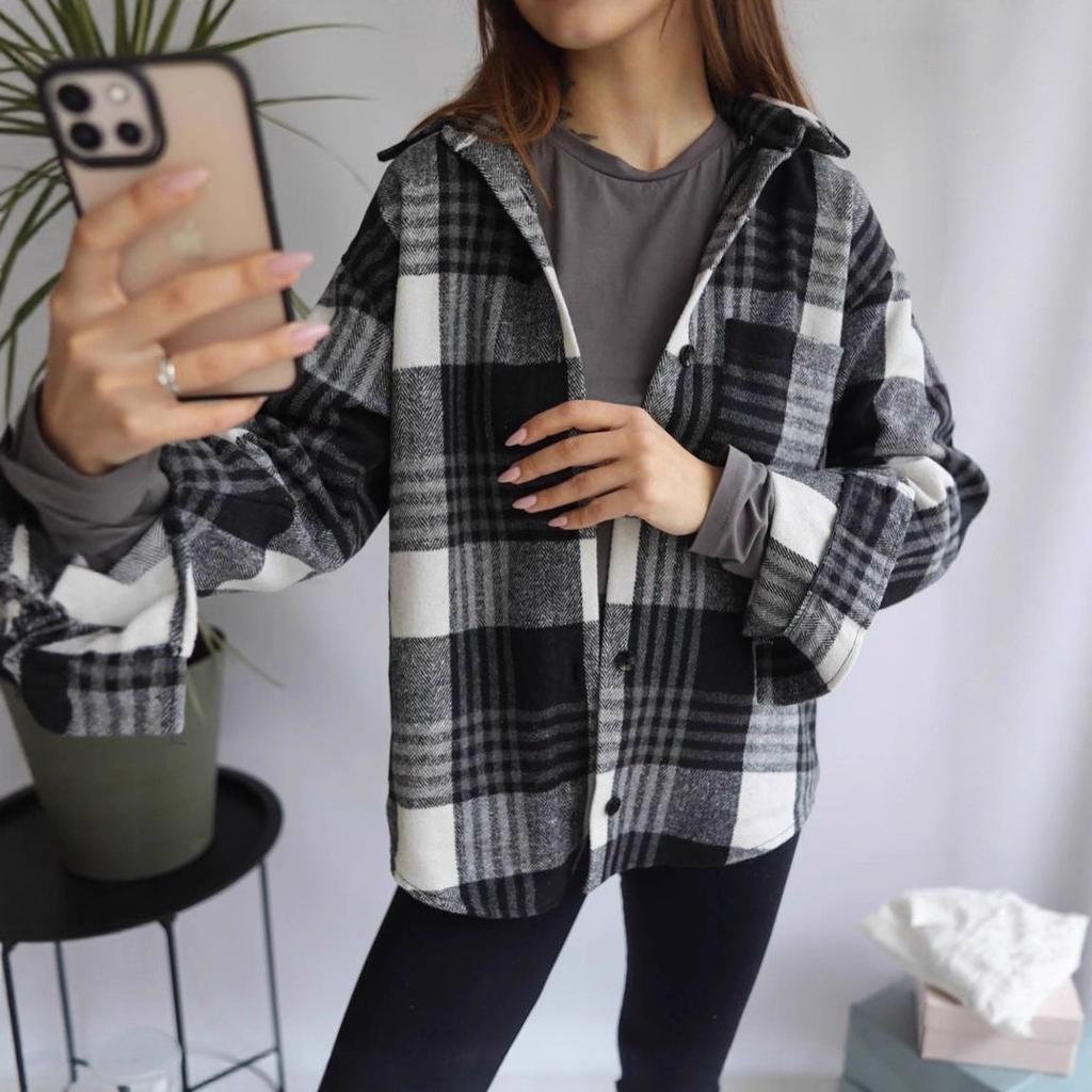 European and American woolen plaid shirt women's retro outer wear versatile top autumn and winter thickened polished jacket shirt