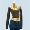 French Style off-Neck off-Shoulder Knitwear Female Spring & Fall New Design Sense Short Exposed Navel Slim Long Sleeve Top