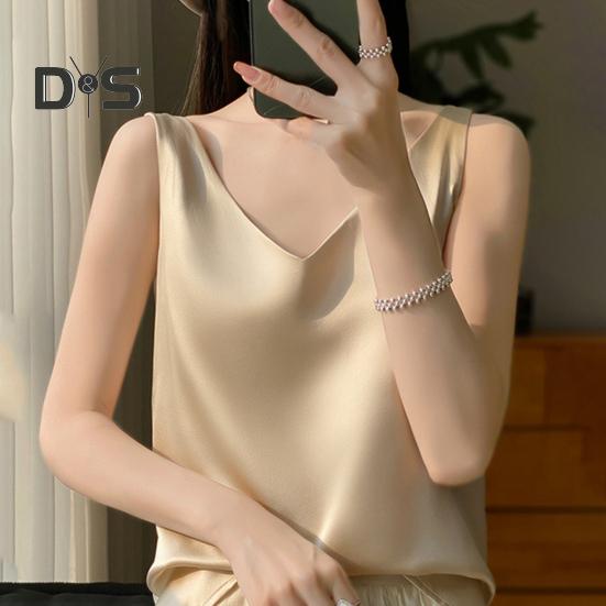 Женский жилет с V-образным вырезом без рукавов, однотонные топы свободного кроя из гладкого атласа, универсальная повседневная одежда