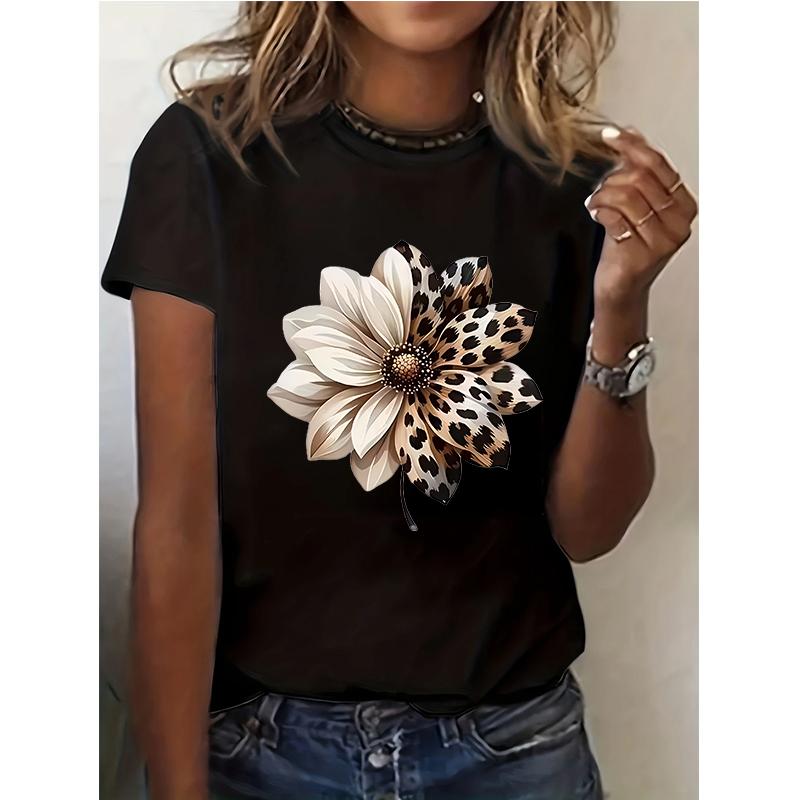 Женская футболка с леопардовым принтом, повседневная футболка с круглым вырезом, сезонная футболка с коротким рукавом, женская футболка