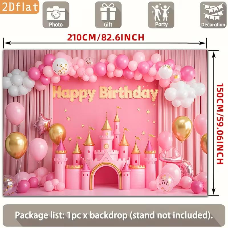 2D Pink Castle Happy Birthday Party Backdrop Princess Balloon & Curtain Photography Background