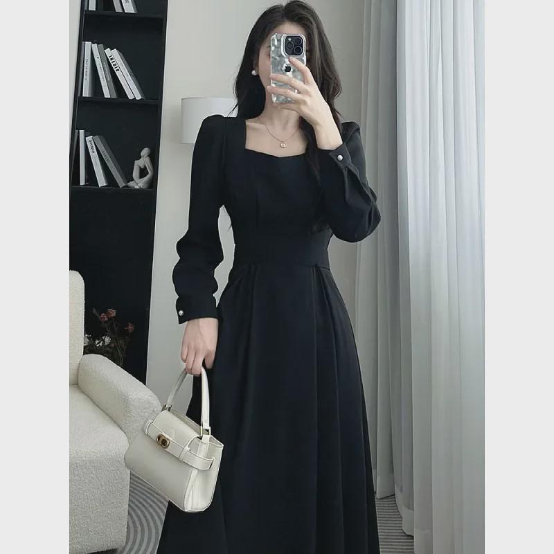 Женское платье-трапеция с квадратным вырезом и длинными рукавами 2024 года, тонкая талия, средняя длина