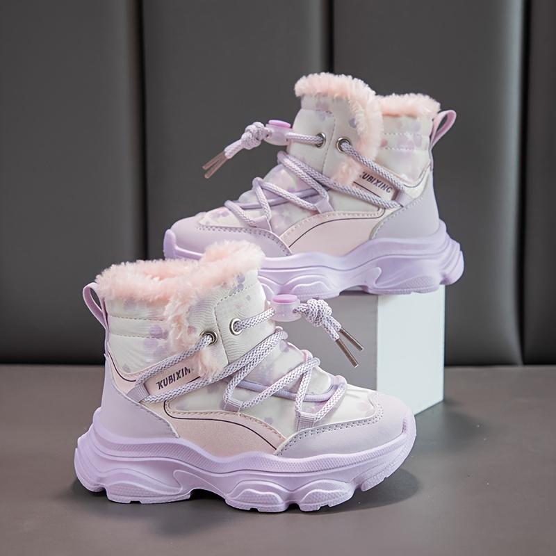 Cute Snow Boots Warm Cozy Girls Winter Snow Boots High Top Sneakers Elastic Lace Closure Fleece Lined Outdoor Fun
