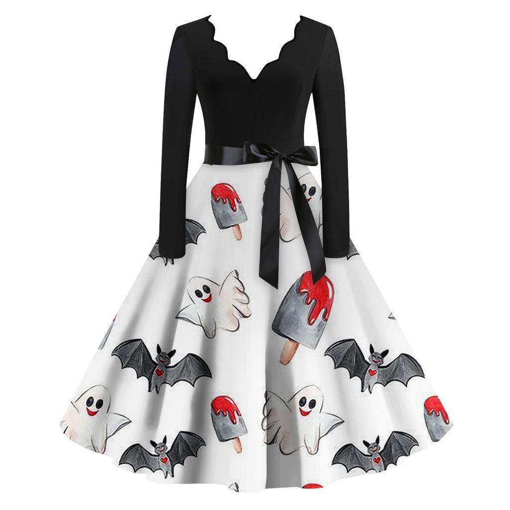 Платье на Хэллоуин для женщин с винтажным принтом и длинным рукавом с v-образным вырезом плюс размер вечерние платья для выпускного вечера