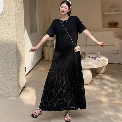 2025 Летнее платье больших размеров Женское Повседневное Винтажное платье с кружевной вставкой Черное Базовое Длинное Свободное платье