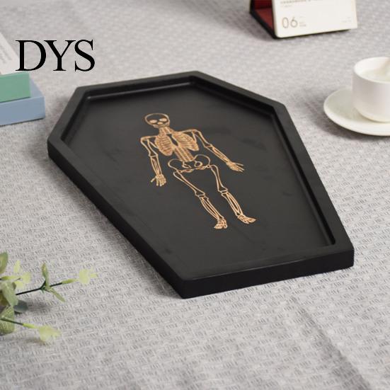 Gothic Storage Tray Halloween Serving with Engraved Skeleton, Wooden Charcuterie Board, Casket Black Vanity Organizer Shape Platter for Party, Spooky