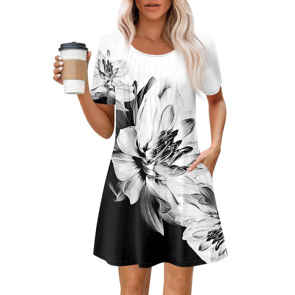 Женское летнее платье свободного покроя для пляжного отдыха, сарафан с коротким рукавом и круглым вырезом, с карманом, с коротким рукавом, платье-рубашка