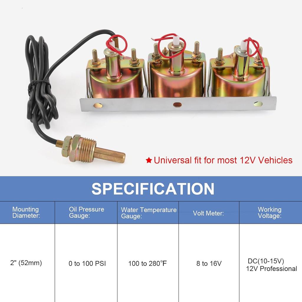 JDMSPEED 2 Inch Triple Gauge Set - Oil Pressure, Water Temp, Volt Meter (Oil: 0-100 PSI, Water: 100-280F, Volt: 8-16V) - Fits GM, Ford, Mopar & More
