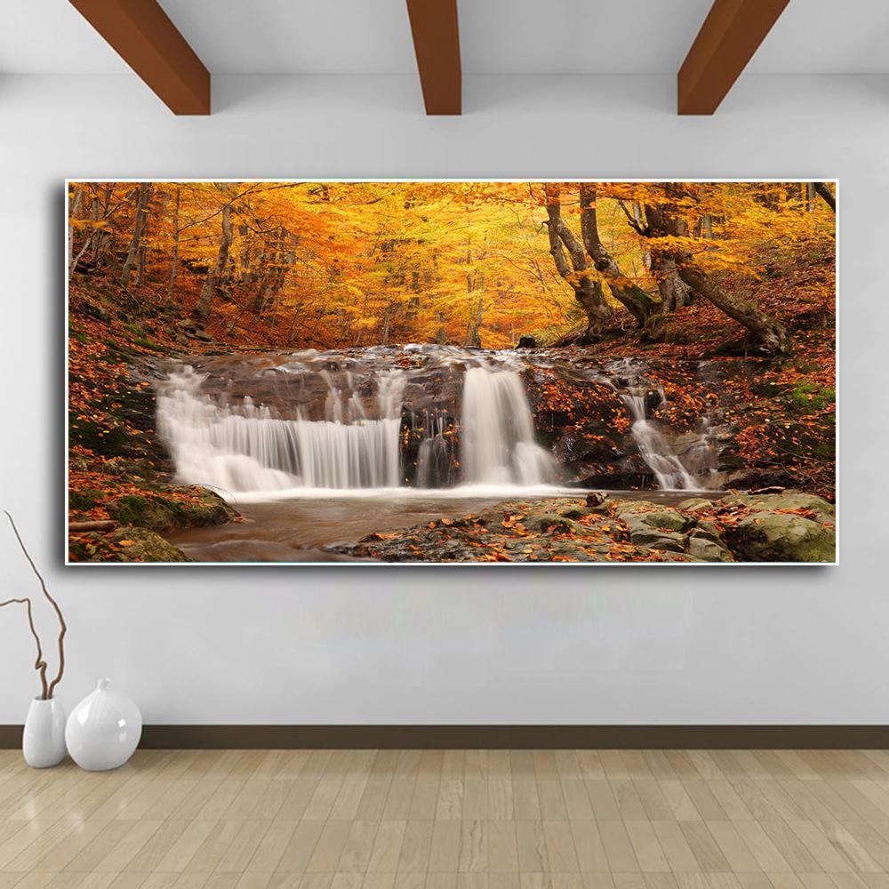 Природный пейзаж, водопад, настенные картины, холст, живопись, настенное искусство, зеленое, красное дерево, лес, постеры, принты для декора гостиной
