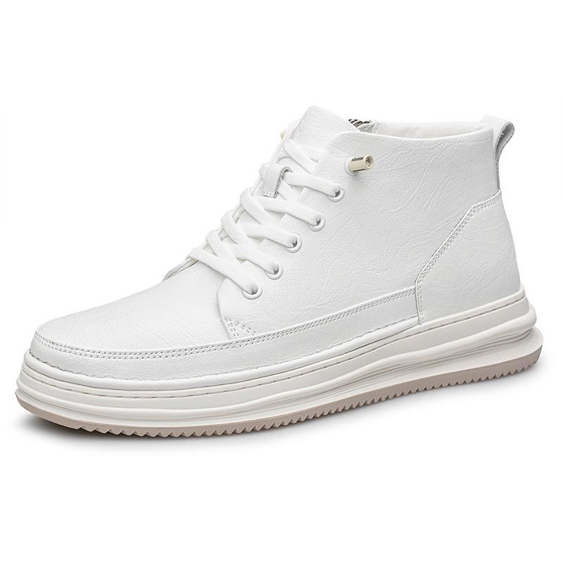 Men's Mid-Top Round Toe Lace-Up Leather Casual Shoes with Height Boost