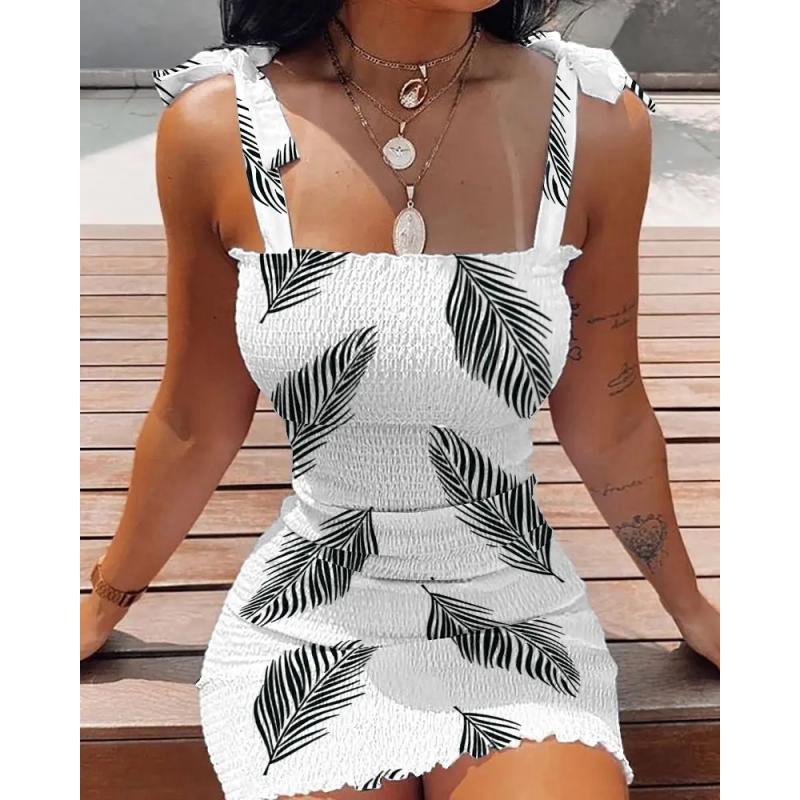 Ayollar Modasi Yelkasi Ochiq Yengsiz Smokli Bodycon Ko'ylak Ayollar Yelkasi Ochiq Mini Ko'ylaklar Ayollar Qisqa Kechki Klub Bosmali Ko'ylak