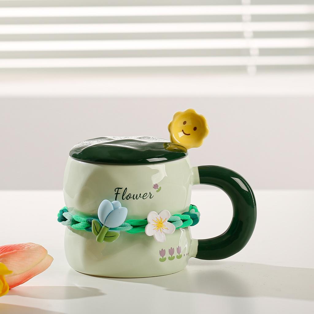 Tulip Mug with Lid Spoon High End Sense of Girls' Flowers Ceramic Cup High Looking Cute Ins Household Water Cup