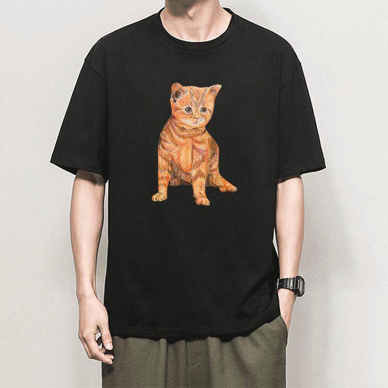 Orange Cat Cat Pattern Pure Cotton Printed Mens And Womens Clothing Personalized Casual Short Sleeved New Fashionable Tshirt