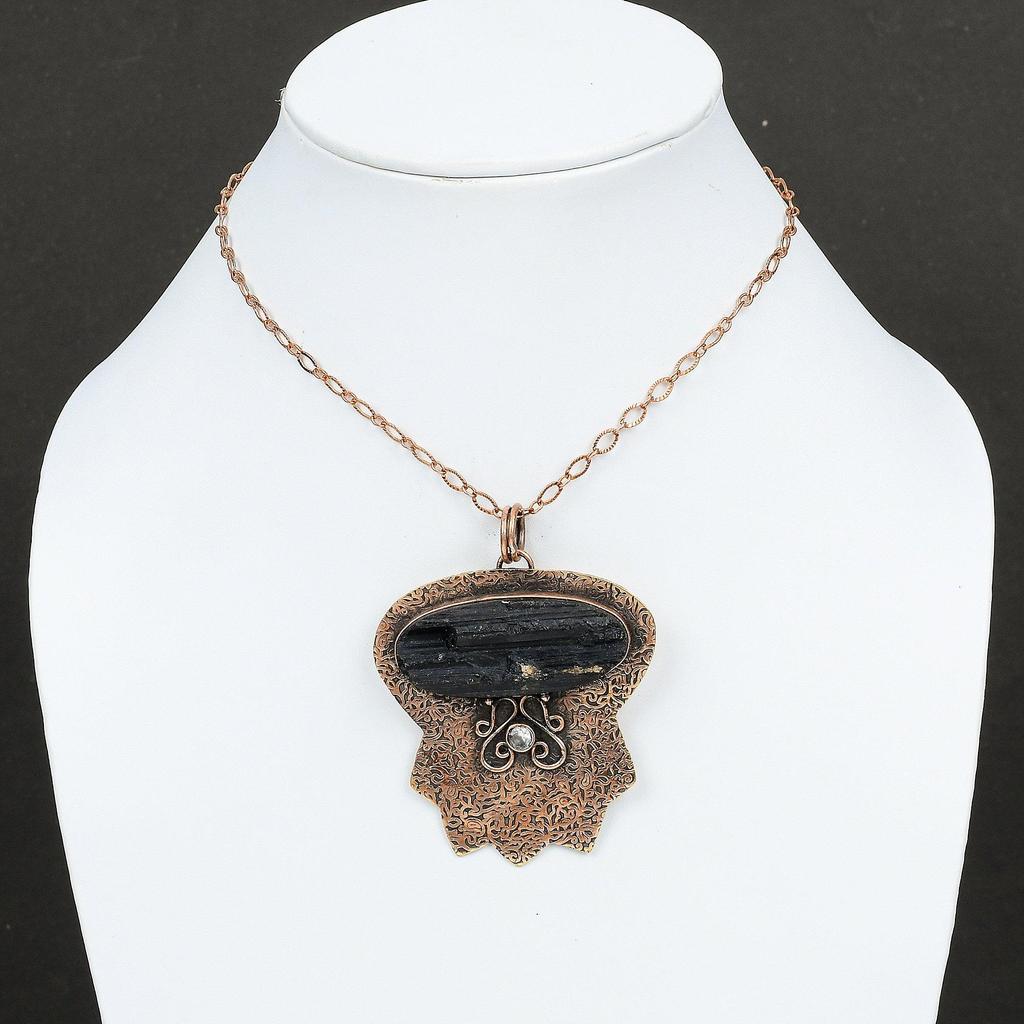 Грубый кулон с черным турмалином, кулон с белым топазом, медный кулон, ювелирные изделия из драгоценных камней, кулон ручной работы, красивые медные украшения, подарок для мамы