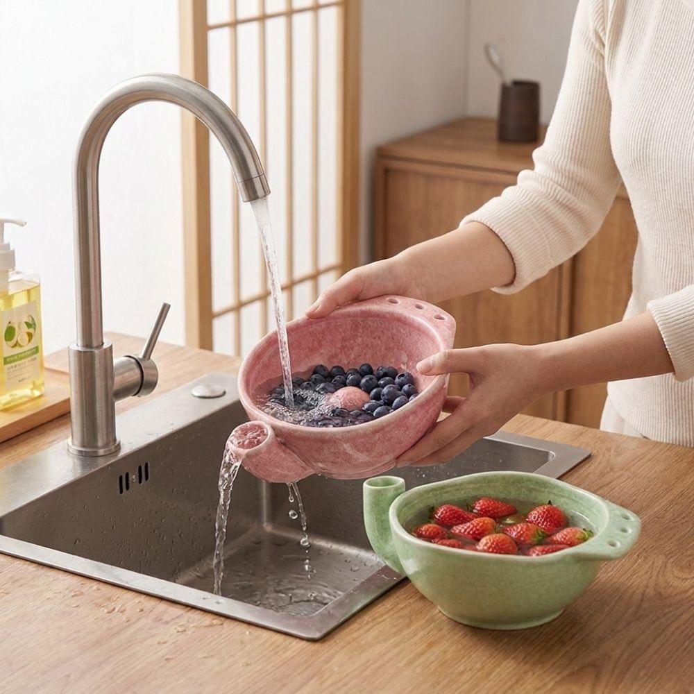 360° Cleaning Ceramic Berry Washing Bowl Drainage Hole Self-Rotating Fruit Cleaner Kitchen